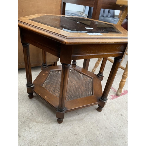 2296 - A MODERN HEXAGONAL COFFEE TABLE WITH GLASS INSET TOP AND SPLIT CANE BOTTOM TIER, 28