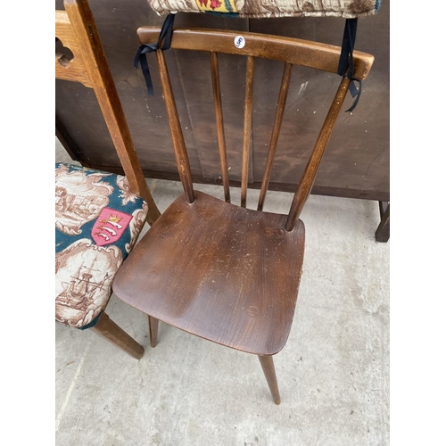 2306 - AN ERCOL DINING CHAIR, GOTHIC OAK DINING CHAIR AND KITCHEN STOOL