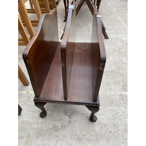 2307 - A MID 20TH CENTURY MAHOGANY TWO DIVISION MAGAZINE RACK ON CABRIOLE LEGS