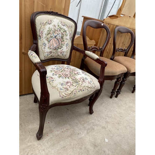 2310 - THREE VICTORIAN MAHOGANY DINING CHAIRS AND CONTINENTAL STYLE ELBOW CHAIR