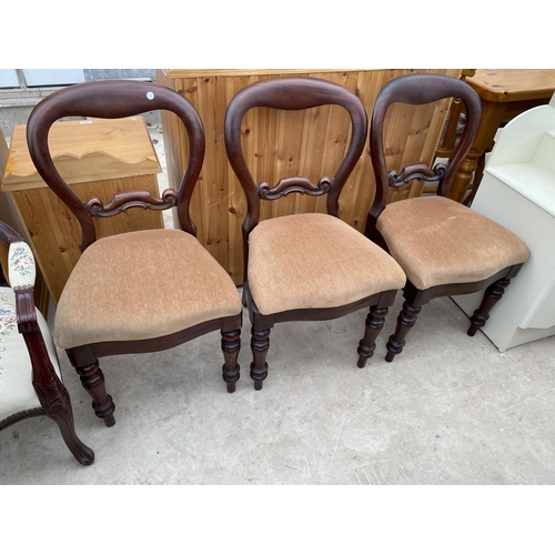 2310 - THREE VICTORIAN MAHOGANY DINING CHAIRS AND CONTINENTAL STYLE ELBOW CHAIR