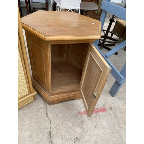 2313 - A HEXAGONAL OAK CUPBOARD AND WICKER LOCKER