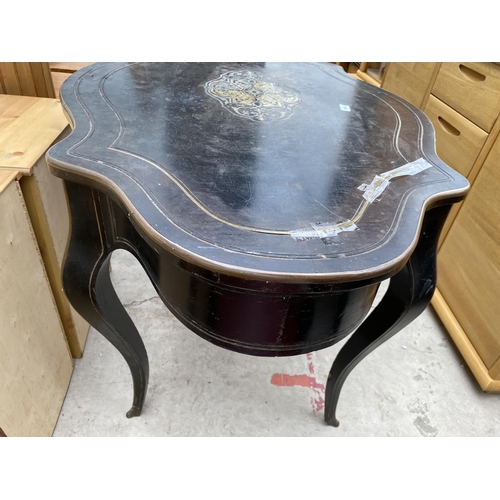 2316 - A 19TH CENTURY EBONISED CENTRE TABLE WITH BOULLE INSET TOP, COMPLETE WITH SINGLE DRAWER, ON CABRIOLE... 