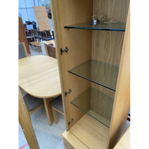 2335 - A MODERN OAK TALL DISPLAY CABINET WITH TWO DRAWERS TO THE BASE, 19