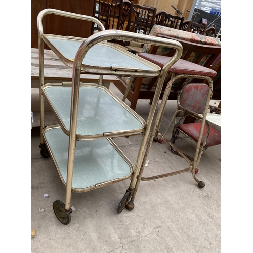 2350 - A METALWARE THREE TIER TROLLEY, KITCHEN STOOL AND TUBULAR CHILDS CHAIR WITH TRAY