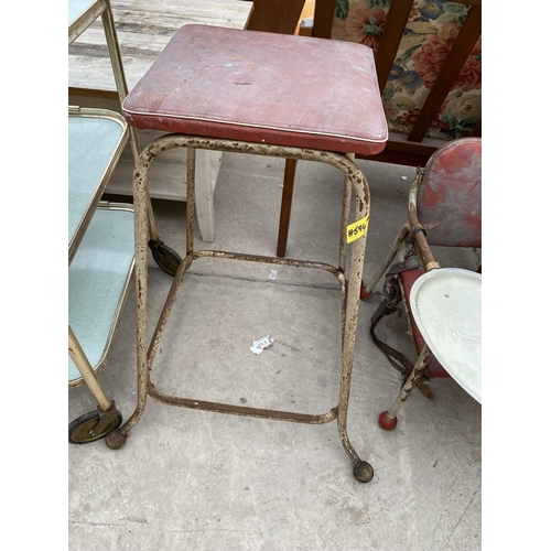 2350 - A METALWARE THREE TIER TROLLEY, KITCHEN STOOL AND TUBULAR CHILDS CHAIR WITH TRAY