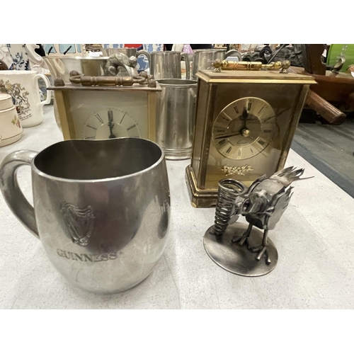 236 - A QUANTITY OF PEWTER TANKARDS, CARRIAGE CLOCKS, ETC