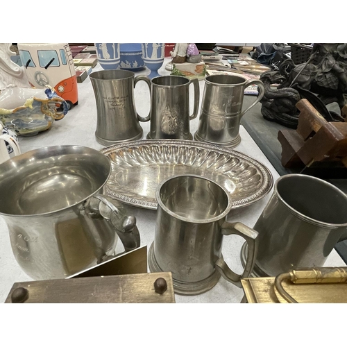 236 - A QUANTITY OF PEWTER TANKARDS, CARRIAGE CLOCKS, ETC