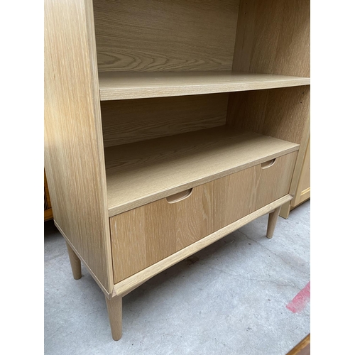 2360 - A MODERN OAK FIVE TIER OPEN BOOKCASE WITH DRAWER TO THE BASE, 31.5