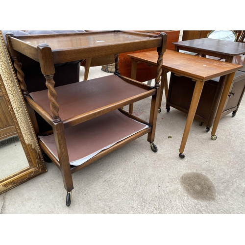 2417 - A MID 20TH CENTURY OAK BARLEYTWIST TROLLEY, 'TENAX' TV TABLE AND TEAK OCCASIONAL TABLE