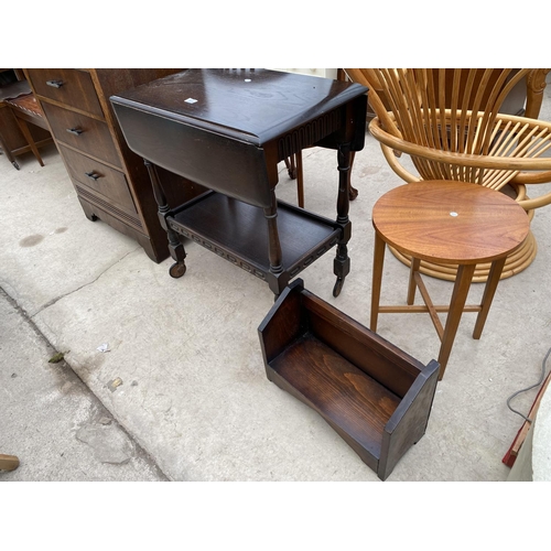 2420 - AN OAK TWO TIER DROP-LEAF TROLLEY, OAK BOOK TROUGH AND SMALL TEAK DROP-LEAF TABLE