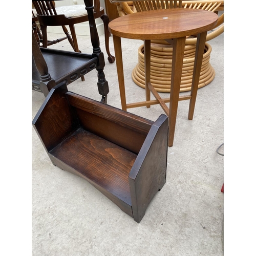 2420 - AN OAK TWO TIER DROP-LEAF TROLLEY, OAK BOOK TROUGH AND SMALL TEAK DROP-LEAF TABLE