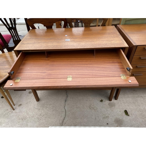 2431 - A RETRO TEAK SECRETAIRE CHEST OF DRAWERS WITH LEATHER HANDLES, 36