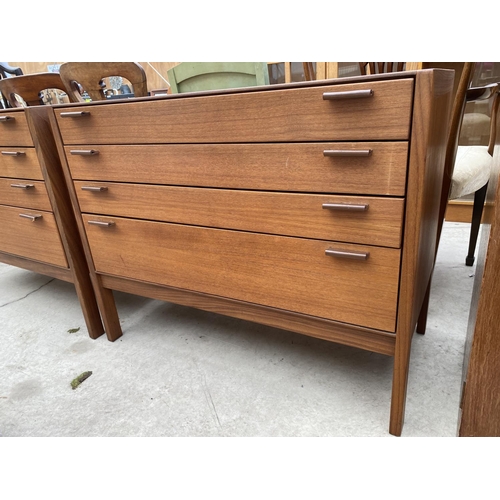 2432 - A RETRO TEAK SECRETAIRE CHEST OF DRAWERS WITH LEATHER HANDLES, 36