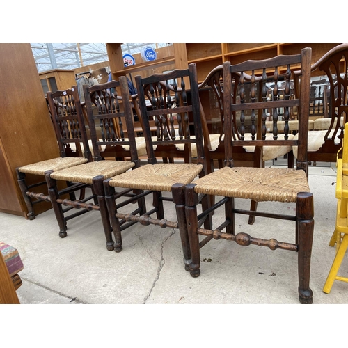 2434 - A HARLEQUIN SET OF ELM SPINDLE BACK 18TH CENTURY DINING CHAIRS WITH RUSH SEATS