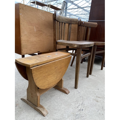 2437 - A MINIATURE OAK DROP-LEAF TABLE AND PAIR OF BEECH KITCHEN CHAIRS