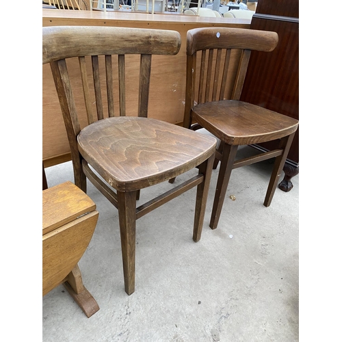 2437 - A MINIATURE OAK DROP-LEAF TABLE AND PAIR OF BEECH KITCHEN CHAIRS