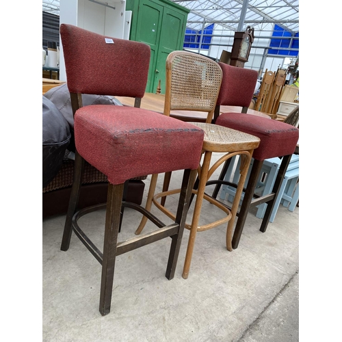 2443 - A SPLIT CANE KITCHEN STOOL WITH HIGH BACK AND TWO UPHOLSTERED STOOLS