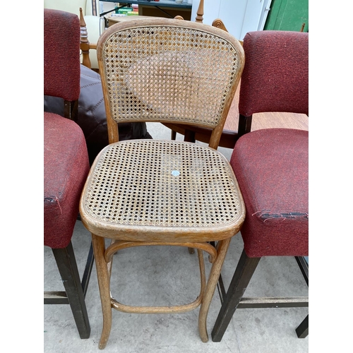 2443 - A SPLIT CANE KITCHEN STOOL WITH HIGH BACK AND TWO UPHOLSTERED STOOLS