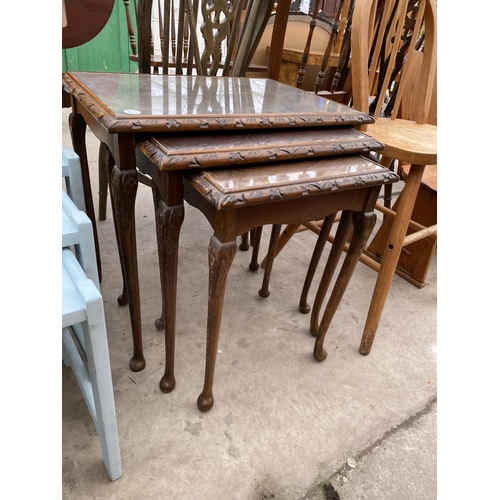 2444 - A NEST OF THREE MAHOGANY TABLES AND PAINTED NEST OF THREE TABLES