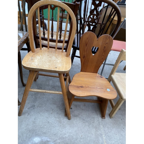 2445 - A PINE CHILDS CHAIR WITH CUT-OUT HEART SHAPE TO THE BACK, CHILDS TALL STOOL AND PAIR OF CHILDS CHAIR... 