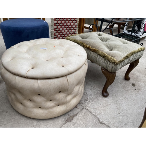 2447 - A 1970'S 'MISS MUFFET' ROUND STUDDED STOOL WITH STORAGE, ROUND MODERN STOOL, CABRIOLE LEG STOOL AND ... 