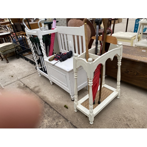 2449 - A PAINTED BARLEYTWIST HALL SEAT/STICK STAND, A PAINTED THREE DIVISION STICK STAND AND A QUANTITY OF ... 