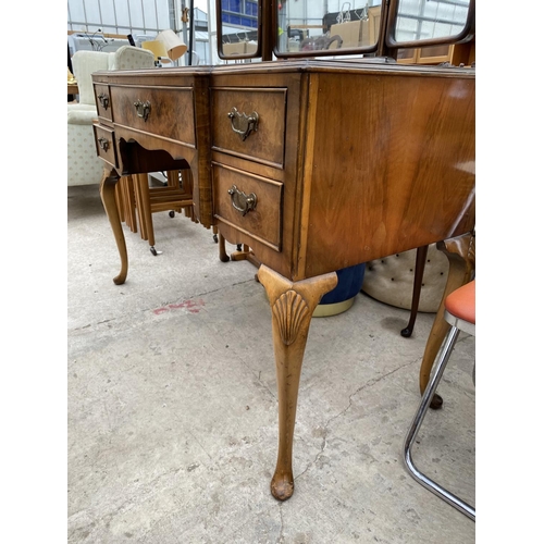 2455 - A MID 20TH CENTURY WALNUT DRESSING TABLE ON CABRIOLE LEGS, WITH TRIPLE MIRROR, 44