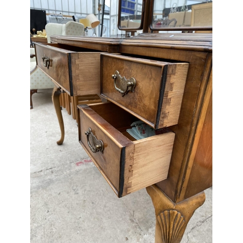 2455 - A MID 20TH CENTURY WALNUT DRESSING TABLE ON CABRIOLE LEGS, WITH TRIPLE MIRROR, 44