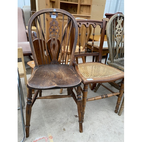 2457 - TWO WHEELBACK WINDSOR STYLE CHAIRS AND BEDROOM CHAIR WITH SPLIT CANE SEAT