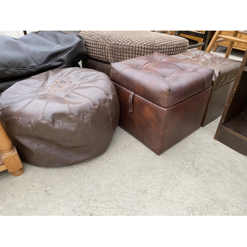 2459 - A BEAN BAG, CRESCENT SHAPED STOOL AND THREE FAUX LEATHER STOOLS