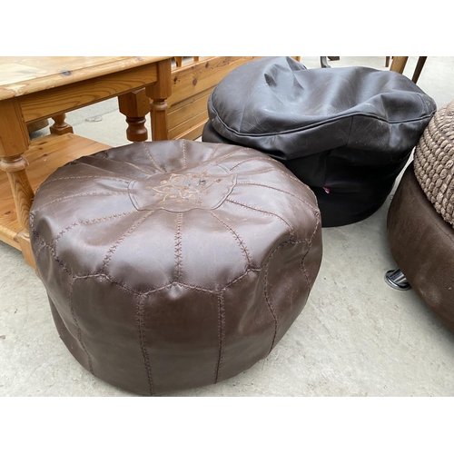 2459 - A BEAN BAG, CRESCENT SHAPED STOOL AND THREE FAUX LEATHER STOOLS