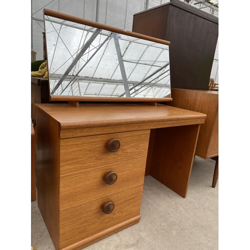 2462 - A RETRO TEAK SINGLE PEDESTAL DRESSING TABLE ENCLOSING THREE DRAWERS, 38