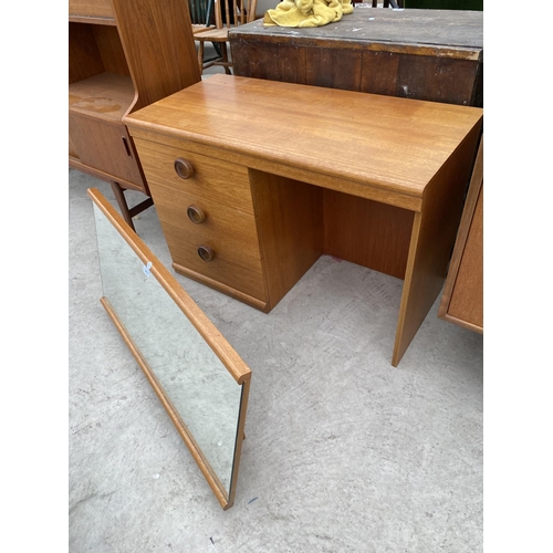 2462 - A RETRO TEAK SINGLE PEDESTAL DRESSING TABLE ENCLOSING THREE DRAWERS, 38