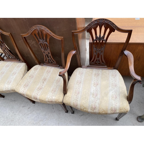 2464 - A SET OF TEN HEPPLEWHITE STYLE MAHOGANY DINING CHAIRS, TWO BEING CARVERS, ON TAPERED LEGS, WITH SPAD... 