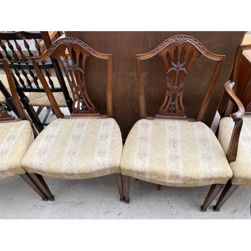 2464 - A SET OF TEN HEPPLEWHITE STYLE MAHOGANY DINING CHAIRS, TWO BEING CARVERS, ON TAPERED LEGS, WITH SPAD... 