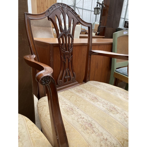 2464 - A SET OF TEN HEPPLEWHITE STYLE MAHOGANY DINING CHAIRS, TWO BEING CARVERS, ON TAPERED LEGS, WITH SPAD... 