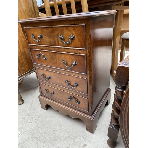 2476 - A MINIATURE MAHOGANY AND CROSSBANDED CHEST OF FOUR DRAWERS ON BRACKET FEET, 17.5