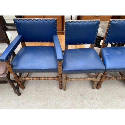 2479 - A SET SEVEN EARLY 20TH CENTURY JACOBEAN STYLE DINING CHAIRS WITH STUDDED BLUE UPHOLSTERY ON TURNED L... 