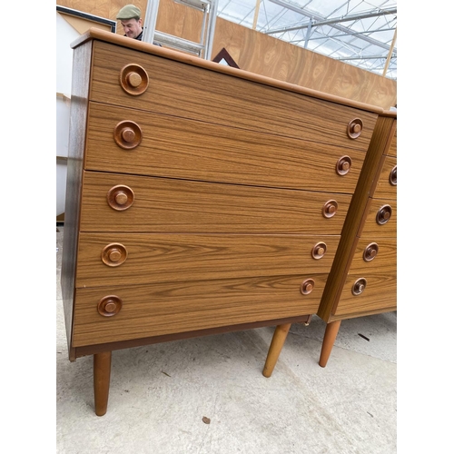 2485 - A RETRO TEAK CHEST OF FIVE DRAWERS ON TAPERED LEGS, 29.5