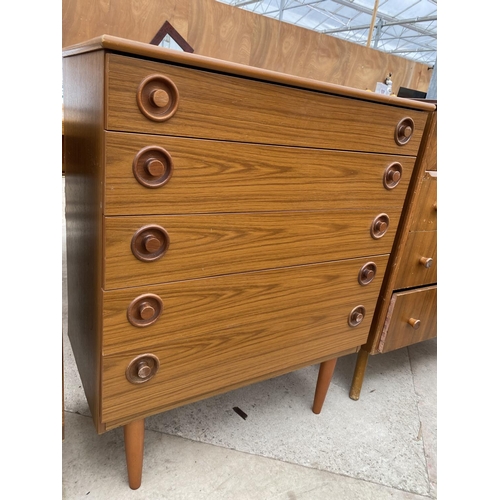 2486 - A RETRO TEAK CHEST OF FIVE DRAWERS ON TAPERED LEGS, 29.5