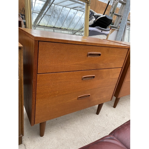 2492 - A RETRO TEAK CHEST OF THREE DRAWERS, ON TAPERED LEGS, 29.5