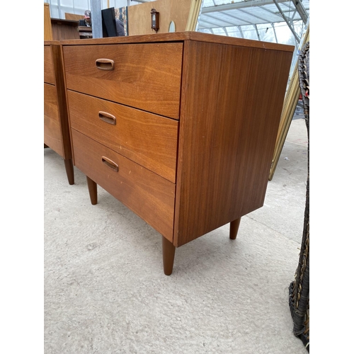 2493 - A RETRO TEAK CHEST OF THREE DRAWERS, ON TAPERED LEGS, 29.5