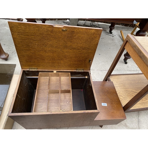 2509 - AN OAK 'VANSON' STEPPED SEWING BOX WITH LIFT-UP LID AND TWO DRAWERS