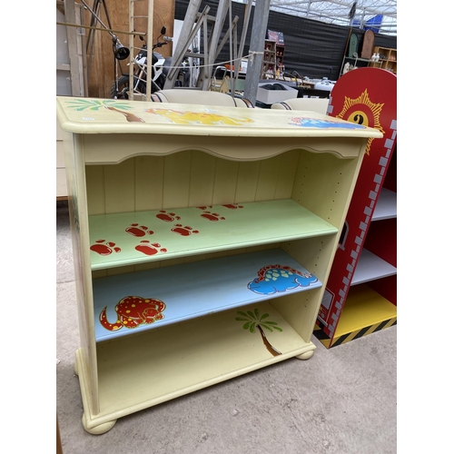 2512 - A MODERN PINE OPEN BOOKCASE WITH HAND PAINTED ANIMALS AND PAW PRINTS