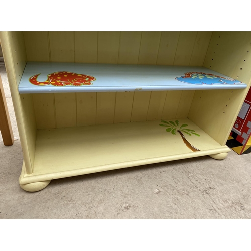 2512 - A MODERN PINE OPEN BOOKCASE WITH HAND PAINTED ANIMALS AND PAW PRINTS