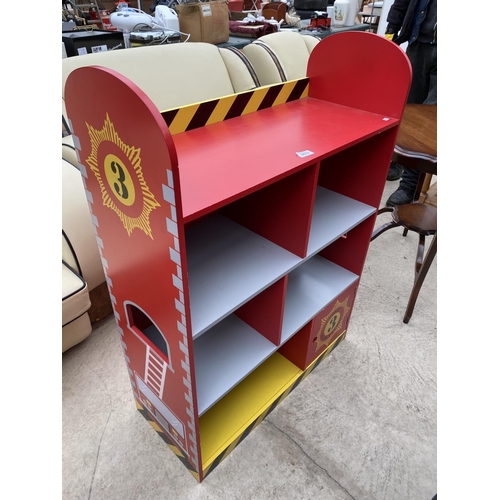 2513 - A MODERN OPEN BOOKCASE BEARING FIRE STATION LOGO