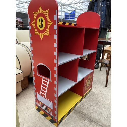 2513 - A MODERN OPEN BOOKCASE BEARING FIRE STATION LOGO