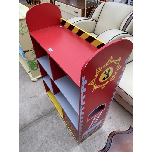 2513 - A MODERN OPEN BOOKCASE BEARING FIRE STATION LOGO