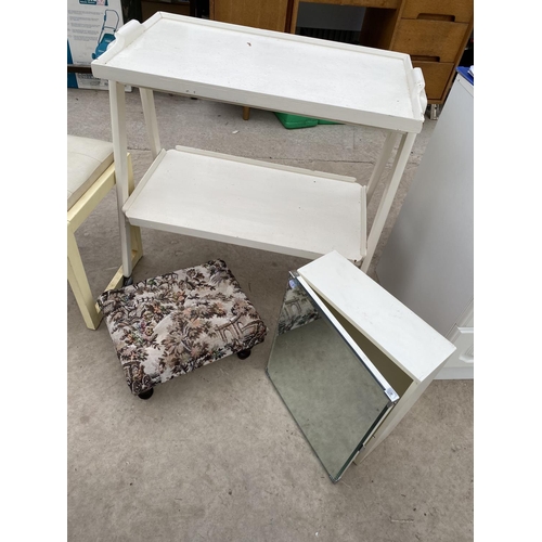 2522 - A MIRRORED BATHROOM CABINET, LOW STOOL, 1970'S PAINTED STOOL AND TWO TIER TEA TROLLEY